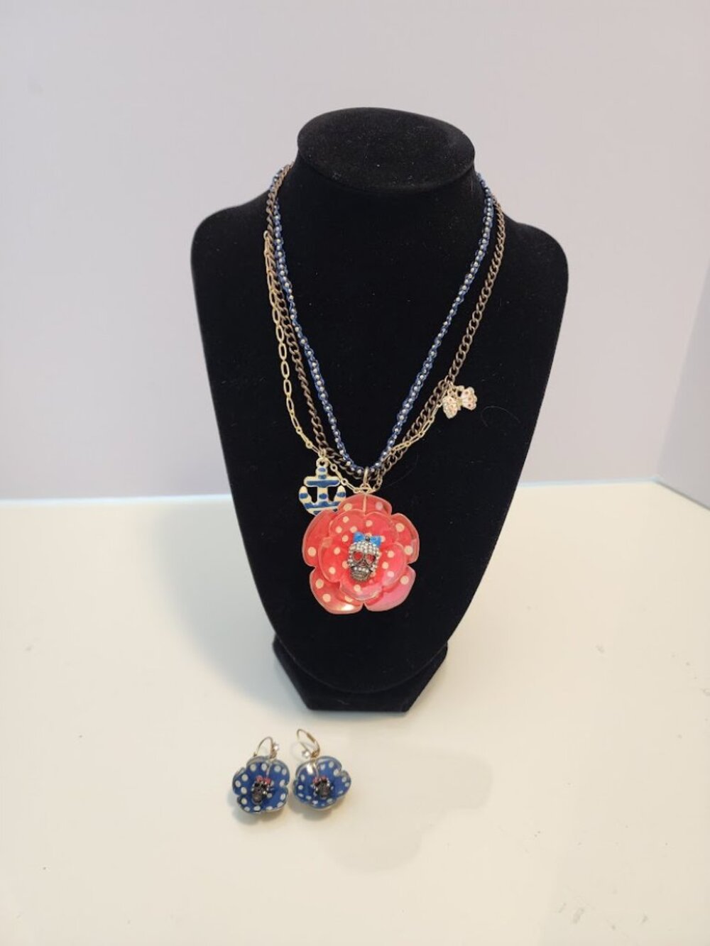 Betsey Johnson Yacht Club Red Flower with Skull Necklace and Earrings